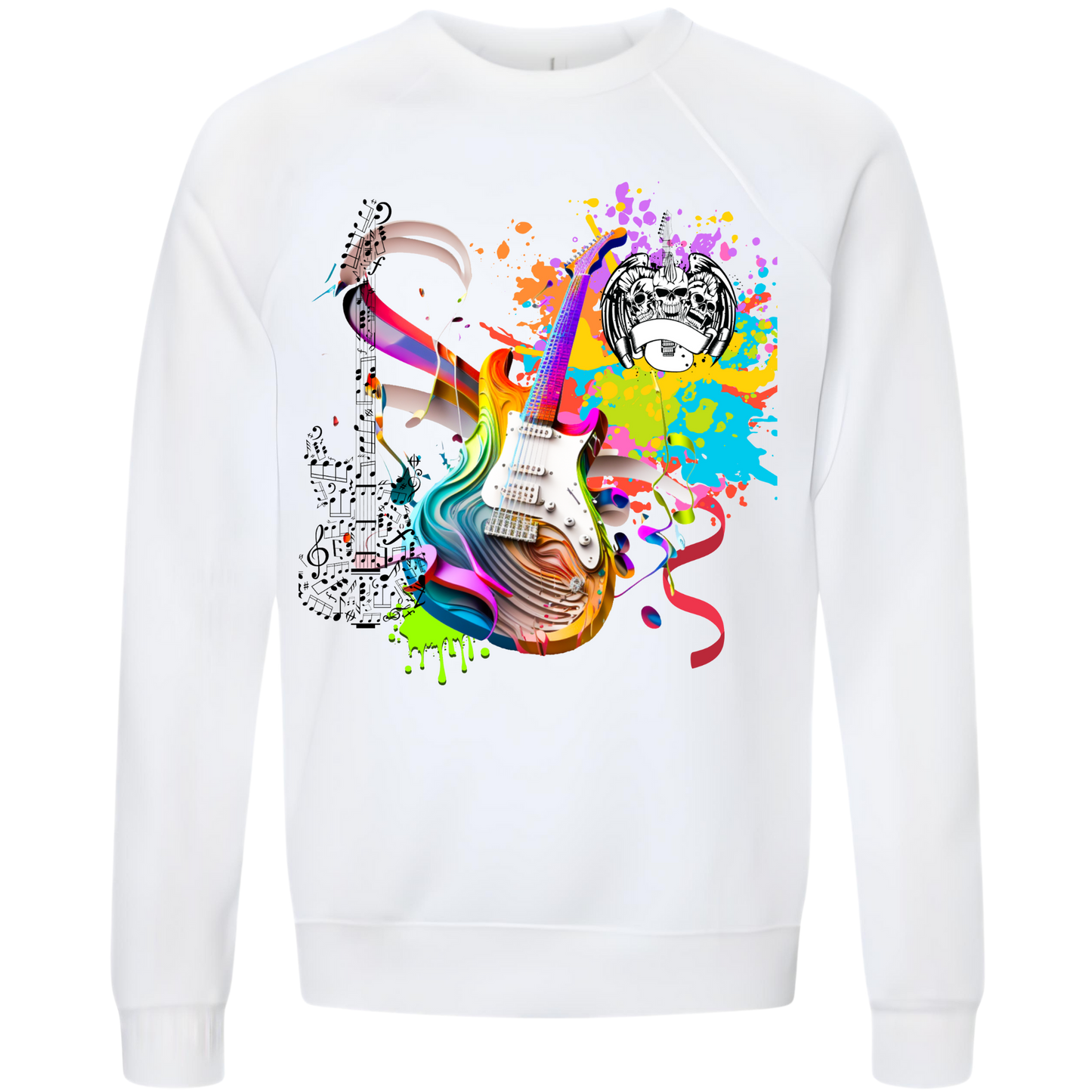 White sweatshirt with a colorful guitar design on a white background, long sleeve