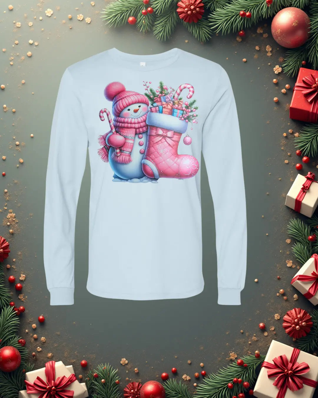 Unisex Jersey Long Sleeve Tee - Holiday Pink Snowman SHARON'S SALTED LEMON