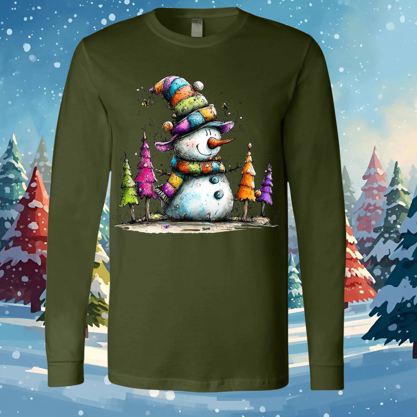 Green long-sleeve shirt with a colorful snowman design on a snowy background