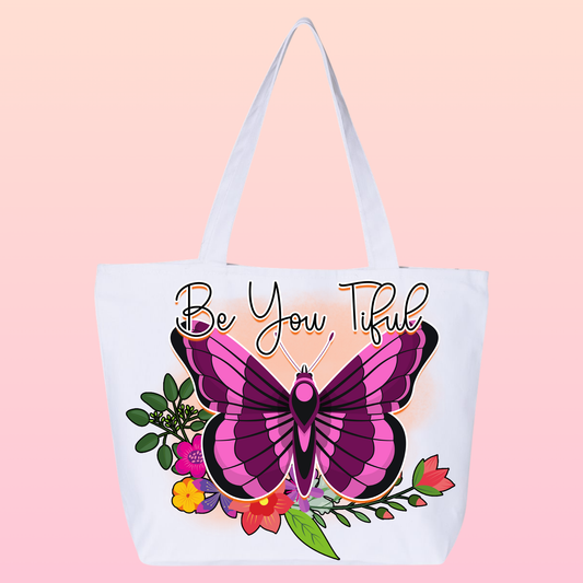 Tote bag with a purple butterfly and floral design on a pink background, CANVAS TOTE BAG