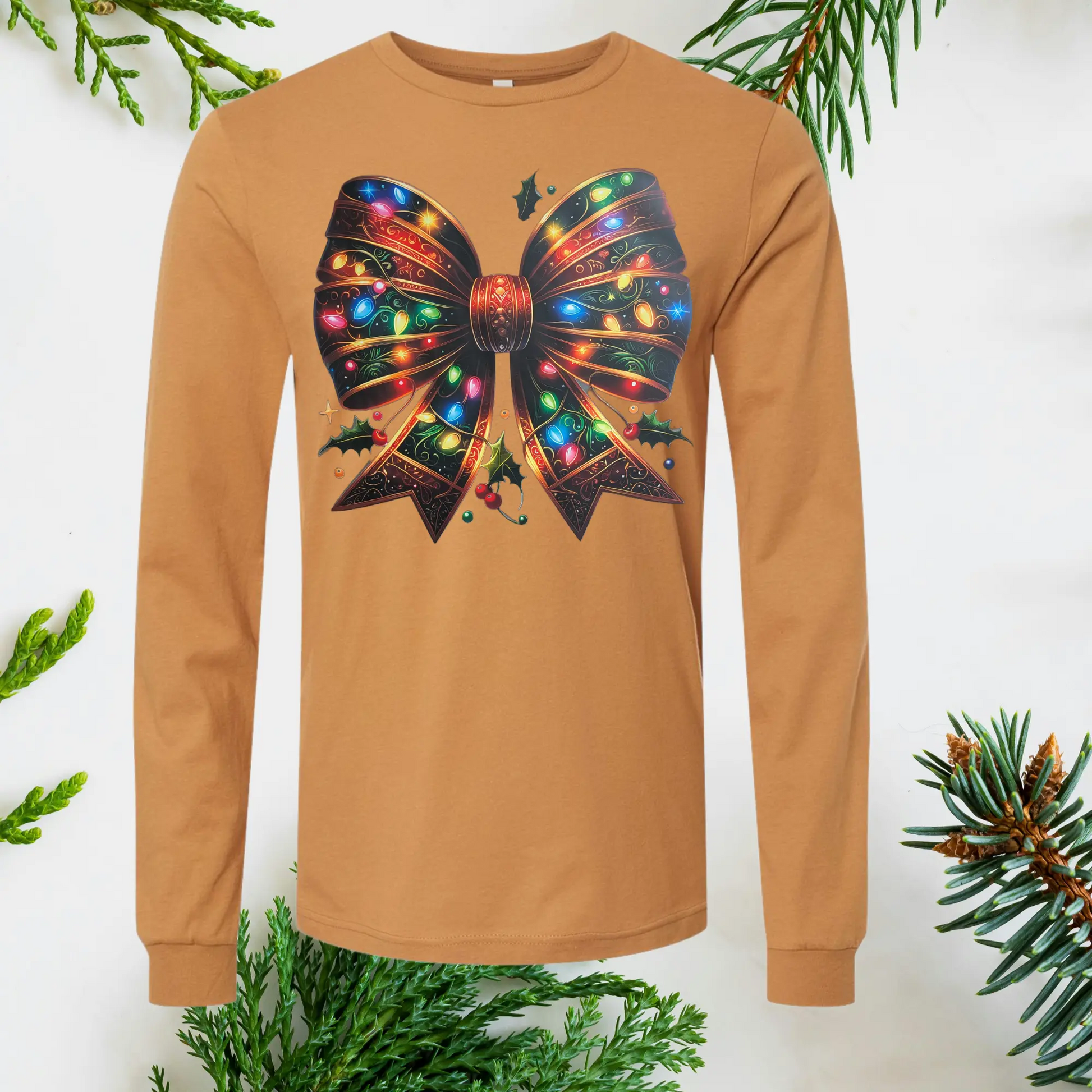 Brown long-sleeve shirt with a colorful Christmas light on a Rib bon design on a Toast color t-shirt, Men, Women