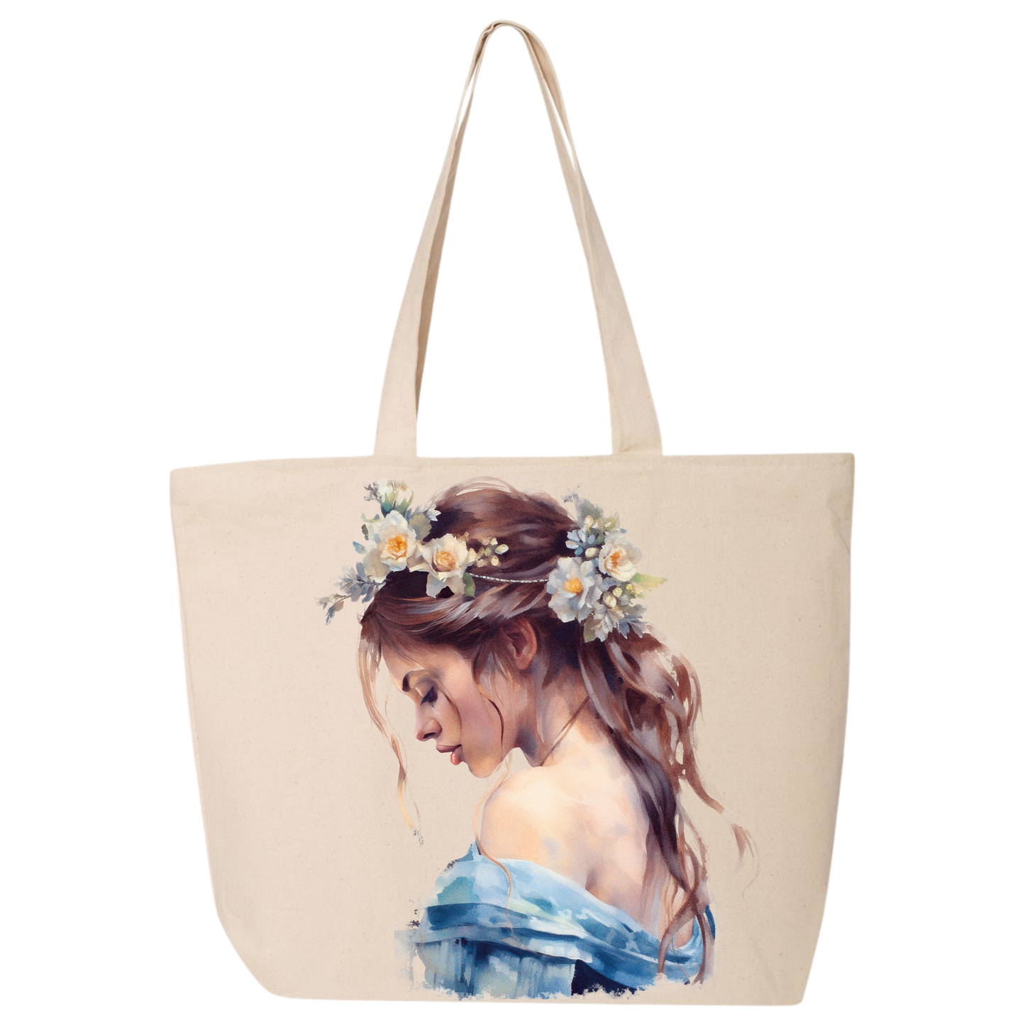 NATRUAL CANVAS tote bag with a printed design of a woman with flowers in her hair on a white background