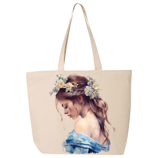 NATRUAL CANVAS tote bag with a printed design of a woman with flowers in her hair on a white background