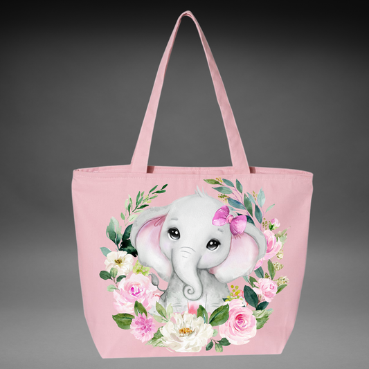 Pink tote bag with an elephant and floral design, CANVAS, ZIPPERED