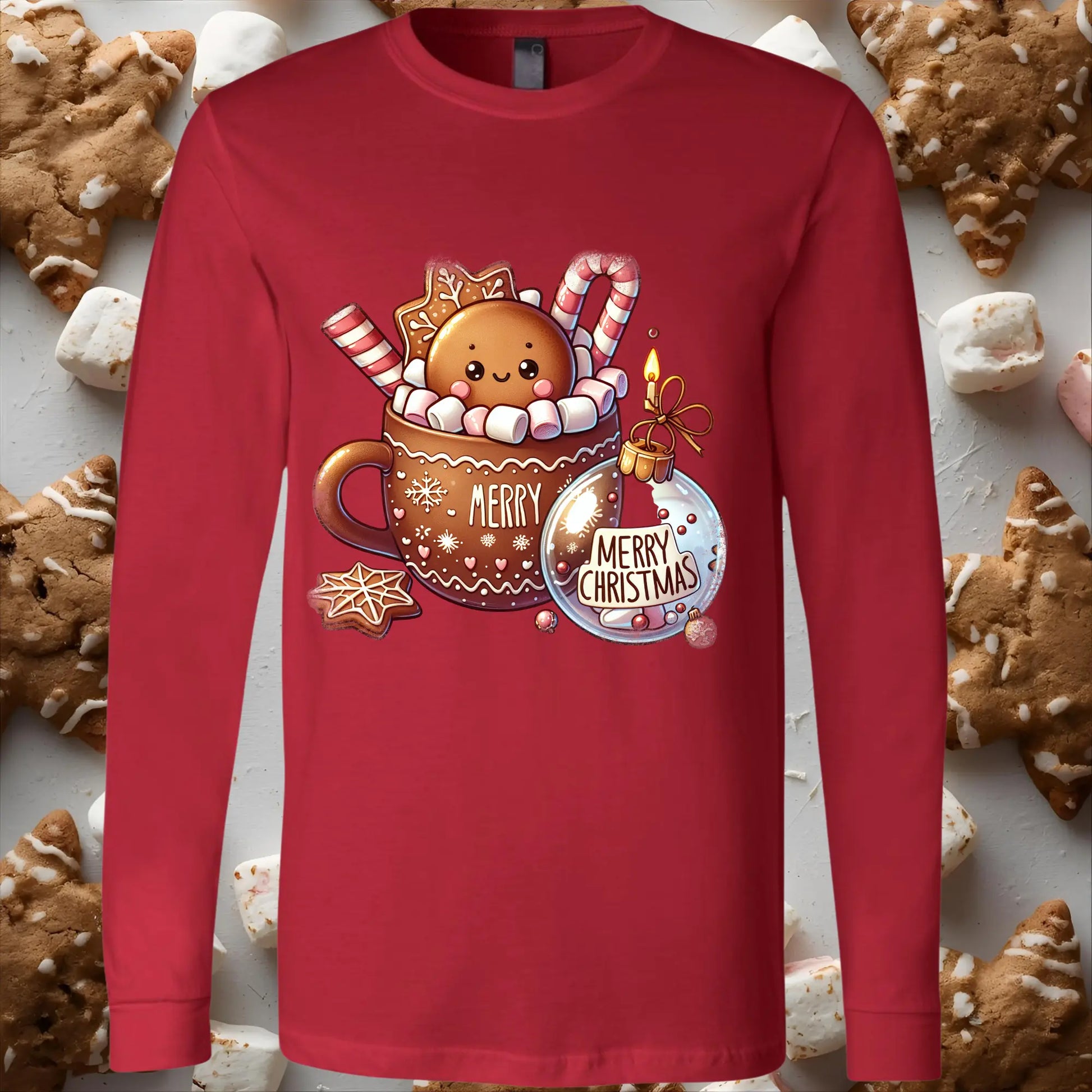 Red long-sleeve shirt with Christmas-themed design featuring a mug, candy cane, gingerbread cookies and ornament.