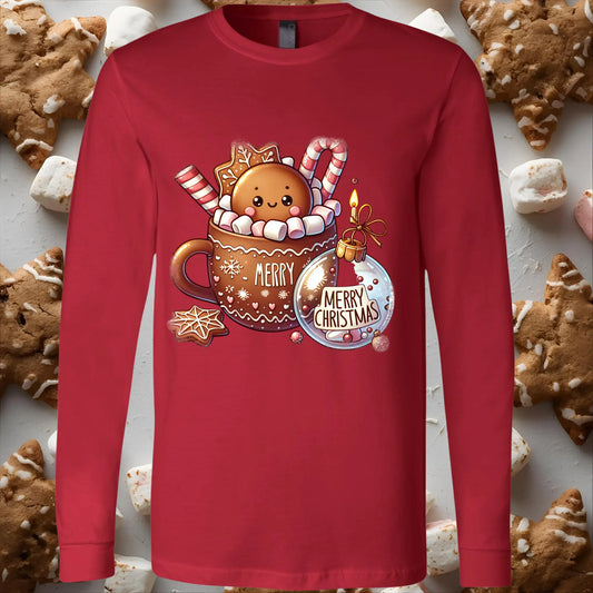 Red long-sleeve shirt with Christmas-themed design featuring a mug, candy cane, gingerbread cookies and ornament.