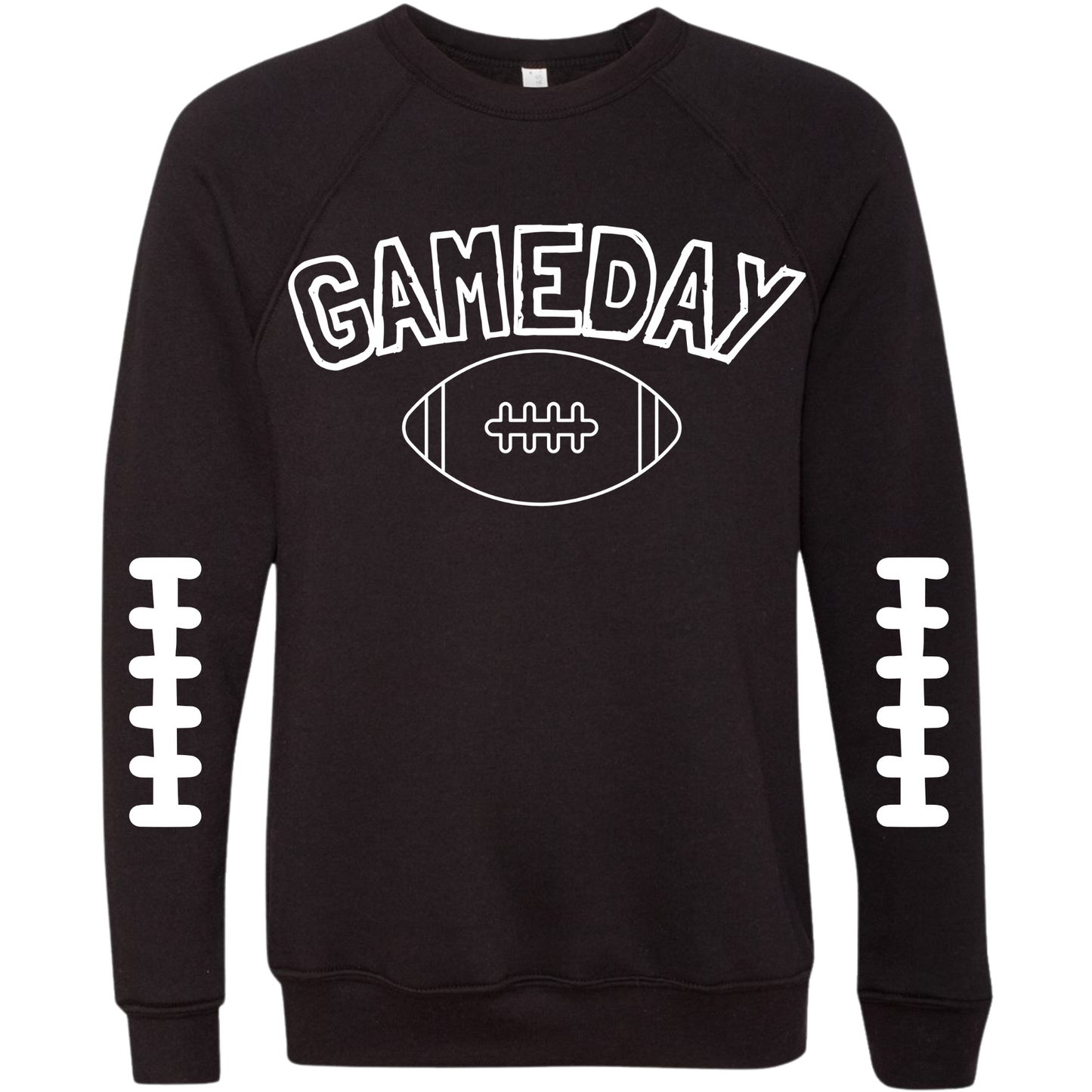 Black sweatshirt with 'GAMEDAY' and football design WHITE TEXT, FOOTBALL THREADS RUNNING DOWN SLEEVES, SUPER BOWL READY. 