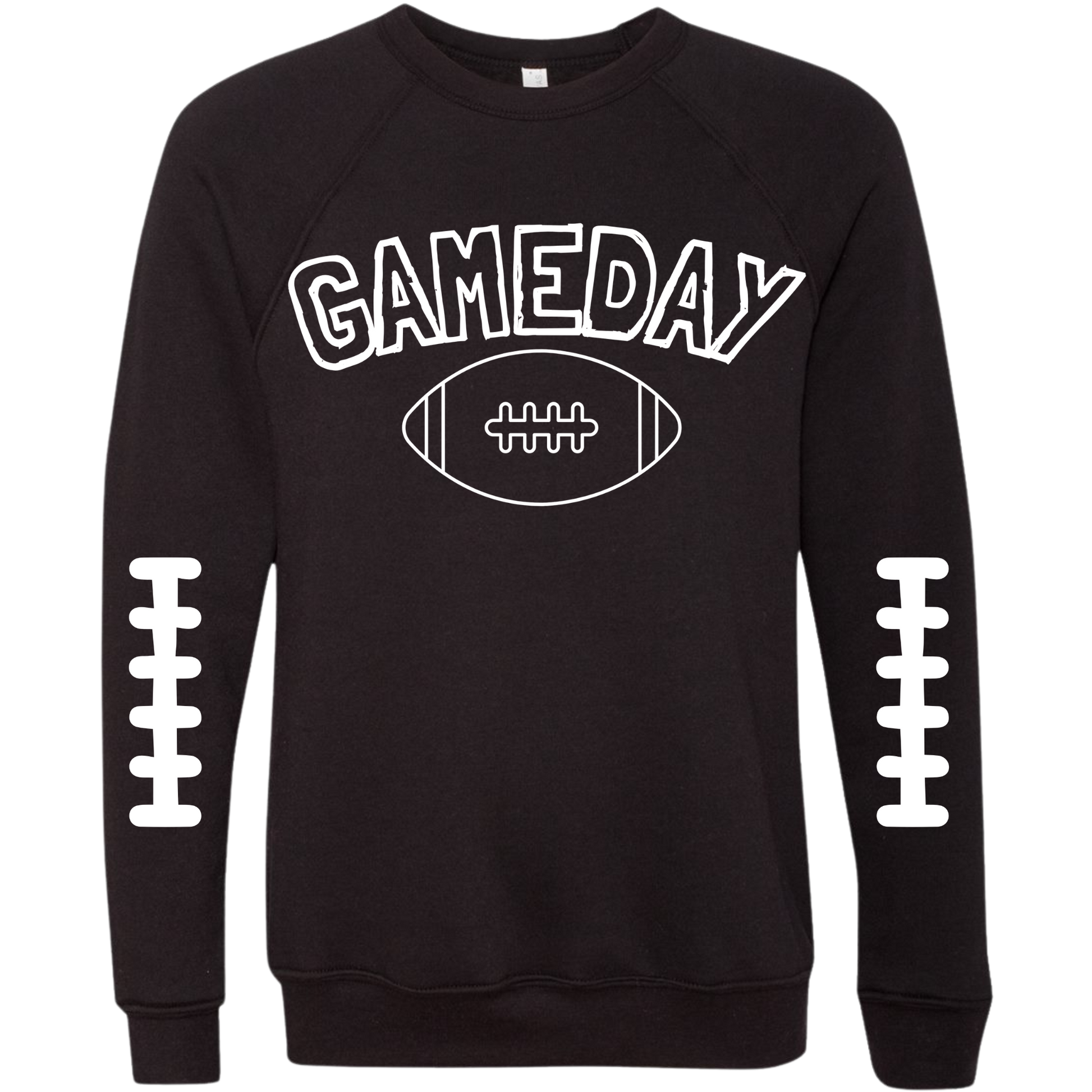 Black sweatshirt with 'GAMEDAY' and football design WHITE TEXT, FOOTBALL THREADS RUNNING DOWN SLEEVES, SUPER BOWL READY. 