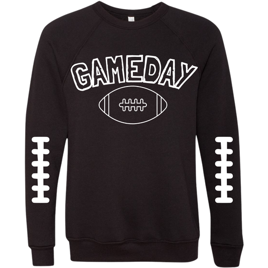 Black sweatshirt with 'GAMEDAY' and football design WHITE TEXT, FOOTBALL THREADS RUNNING DOWN SLEEVES, SUPER BOWL READY. 