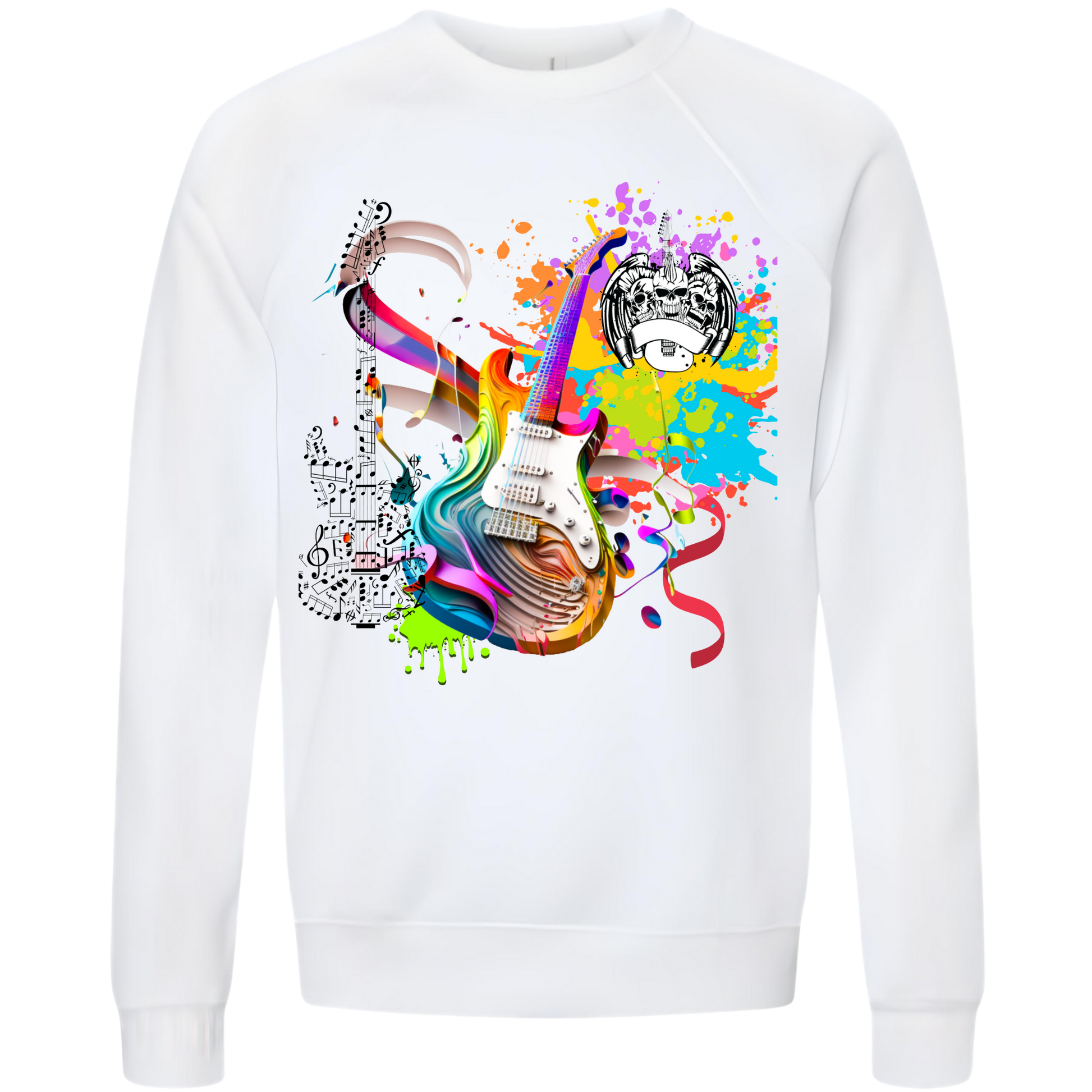 White sweatshirt with a colorful guitar design on a white background, long sleeve