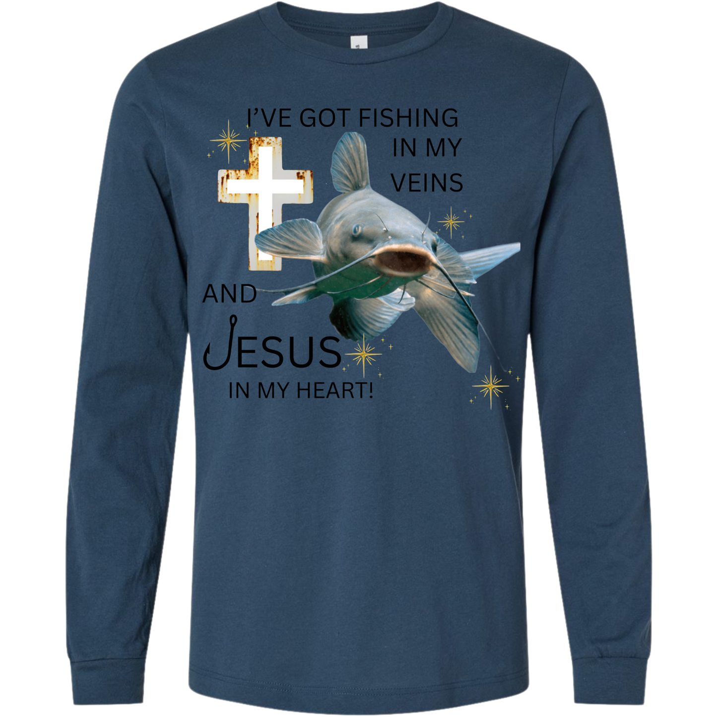 Navy blue long-sleeve shirt with fishing and Jesus graphic and text.