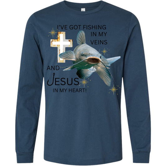 Navy blue long-sleeve shirt with fishing and Jesus graphic and text.