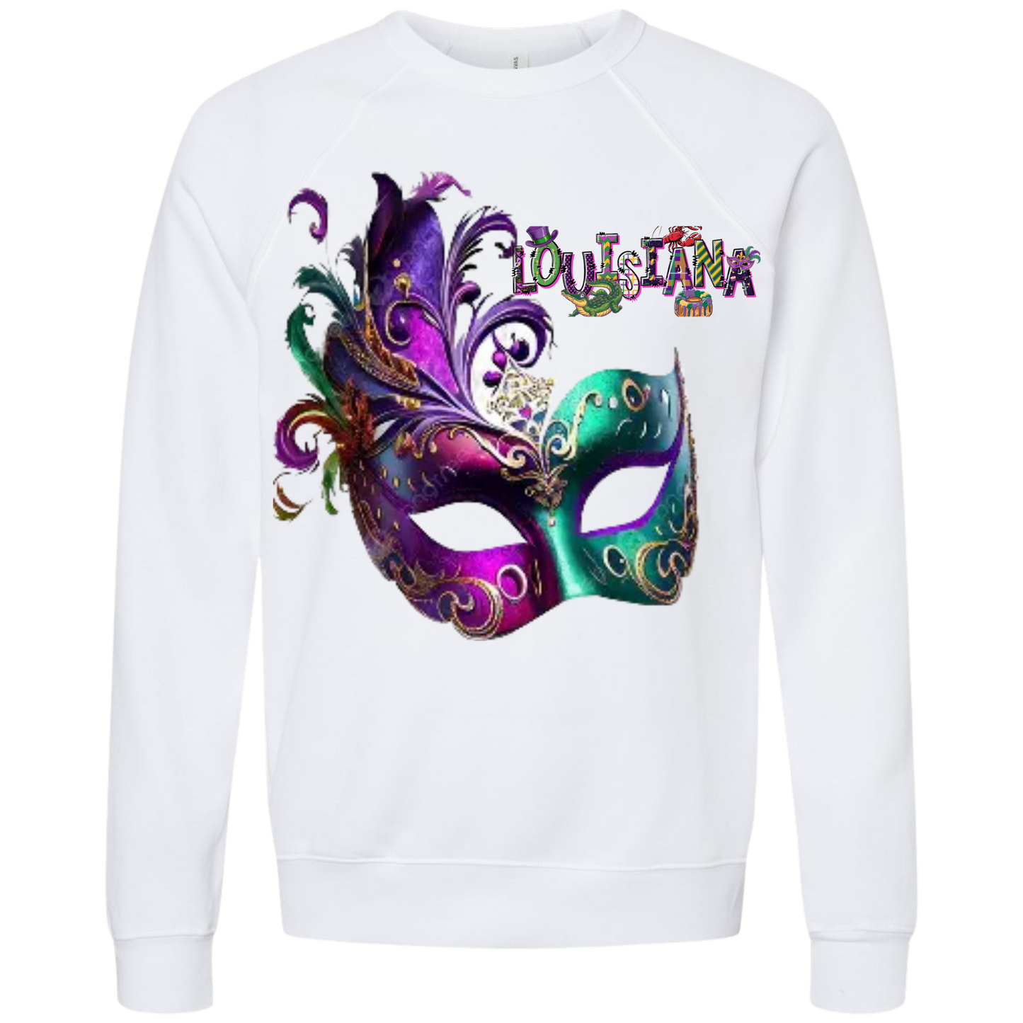 SWEATSHIRT | LONG SLEEVE | WHITE | CUSTOM DESIGN | LOUISIANA MARDI GRAS MASK SHARON'S SALTED LEMON