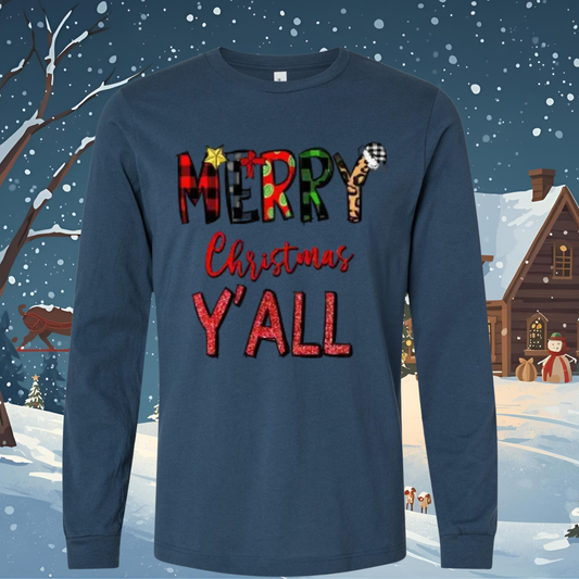 Navy blue long-sleeve shirt with 'Merry Christmas Y'all' text 