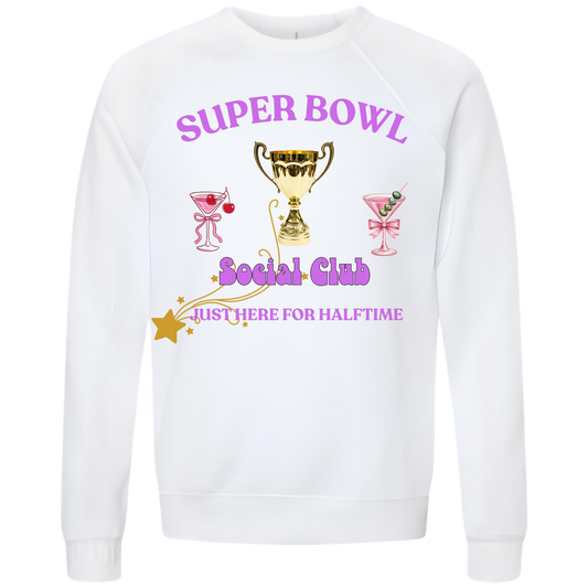 White sweatshirt with 'Super Bowl Social Club' text and graphics on a white background, perfect for Super Bowl Football party