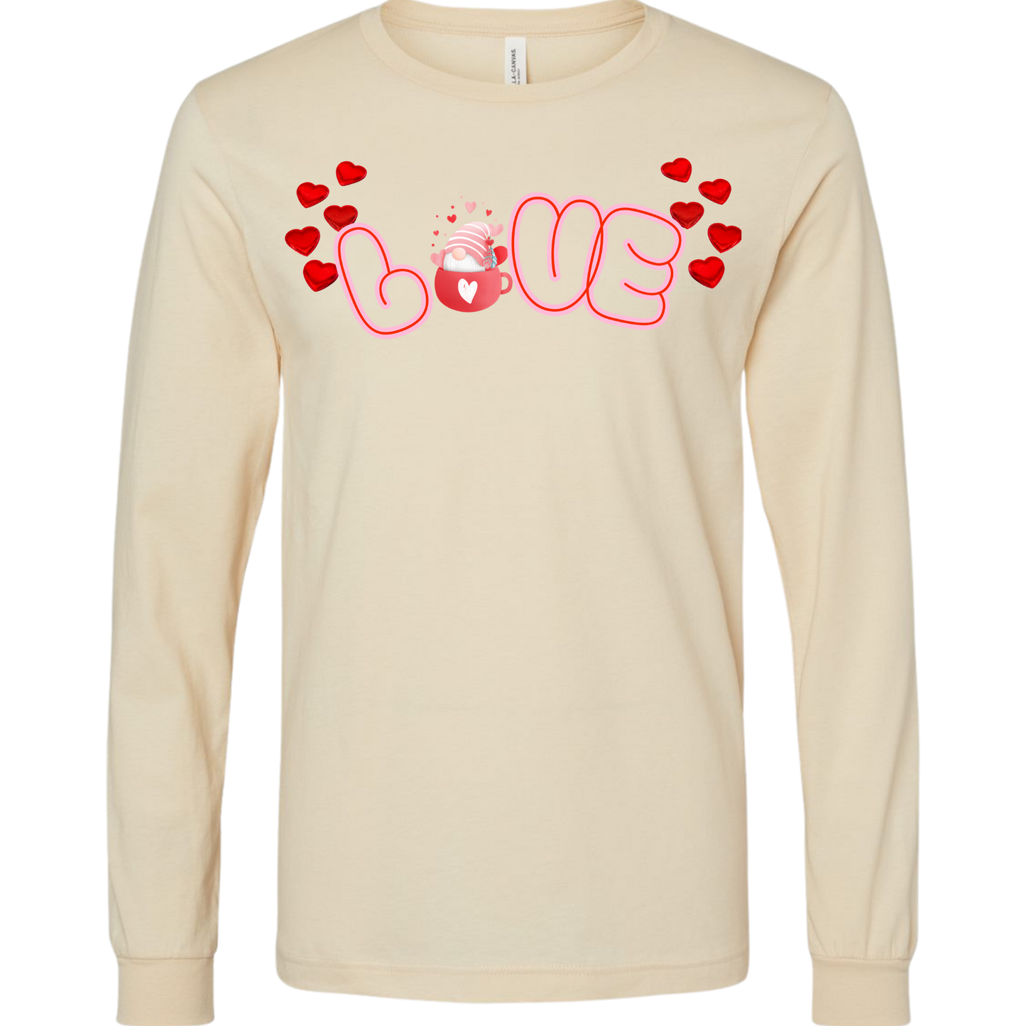 Beige long-sleeve t-shirt with 'LOVE' and heart DTF custom design, Valentine hearts, gnome