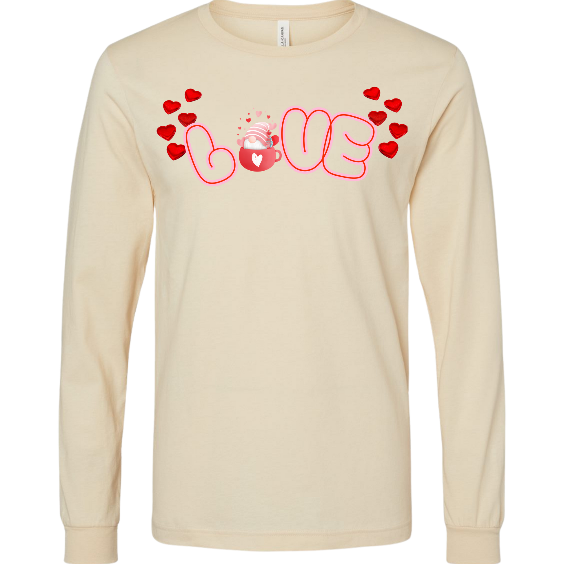 Beige long-sleeve t-shirt with 'LOVE' and heart DTF custom design, Valentine hearts, gnome