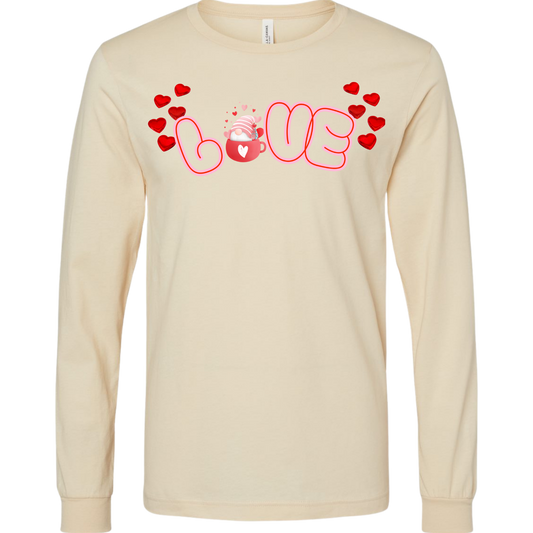 Beige long-sleeve t-shirt with 'LOVE' and heart DTF custom design, Valentine hearts, gnome